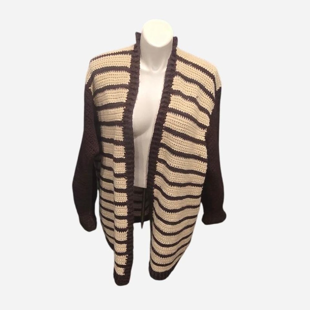 HANDMADE ADULT OVERSIZED BROWN STRIPED CROCHET SWEATER/JACKET SIZE S-XL